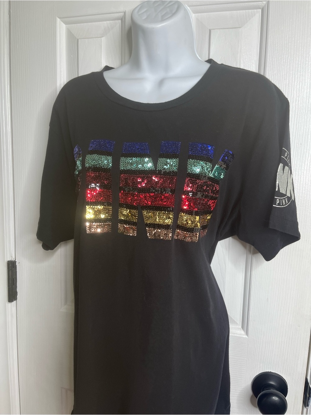 PINK Sequined Rainbow Campus Bling T-Shirt Black Size Large